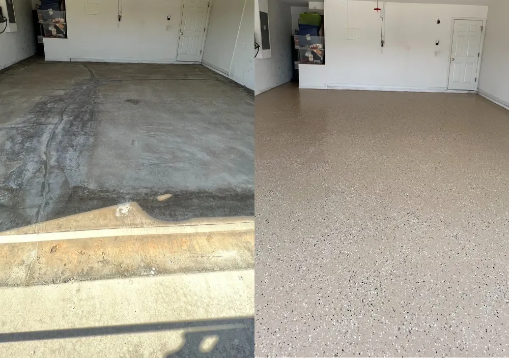 Before and after comparison of a stained garage floor, transformed with a tan fleck epoxy finish