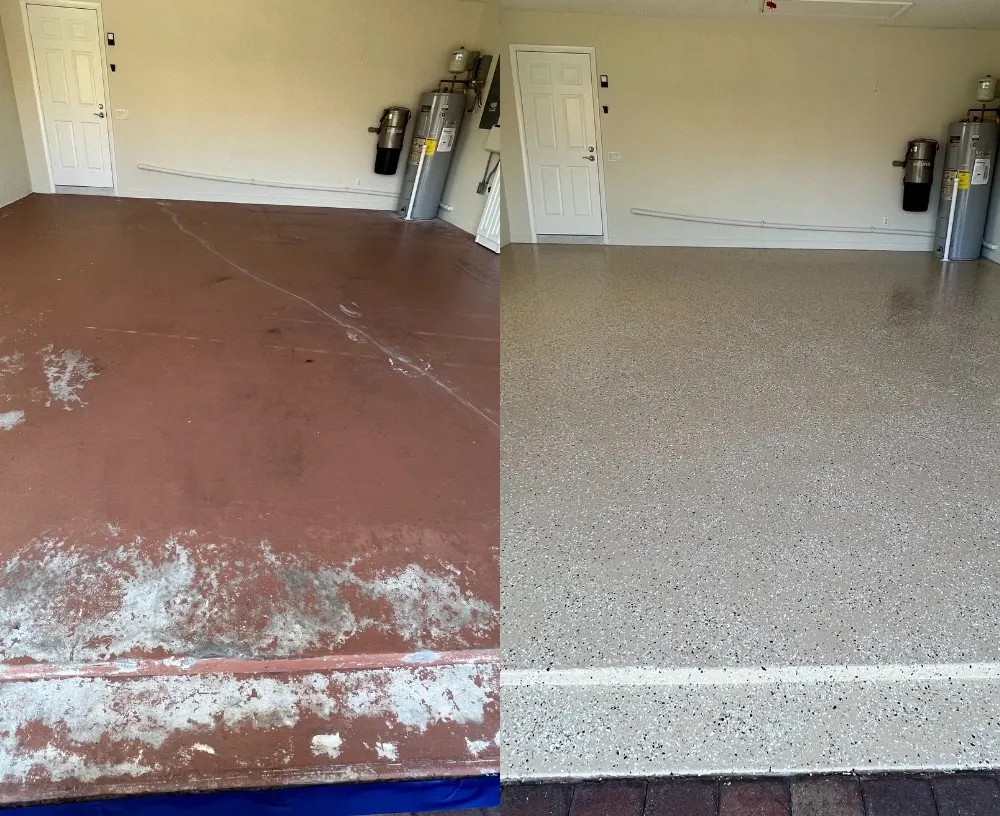Before and after comparison of a garage floor, from bare painted concrete to a gray speckled epoxy finish