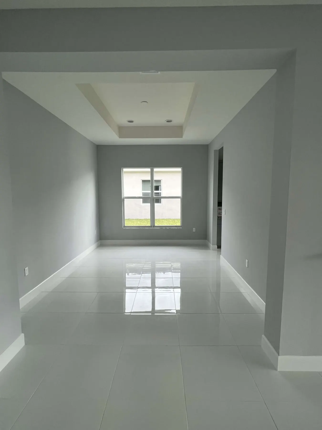 Freshly painted open-concept living room with gray walls and a tray ceiling