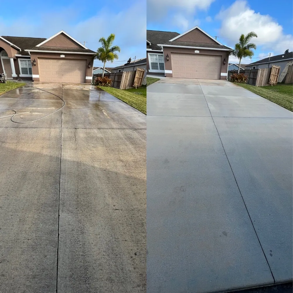Before and after comparison of a concrete driveway, showing dirt and staining removed by pressure washing