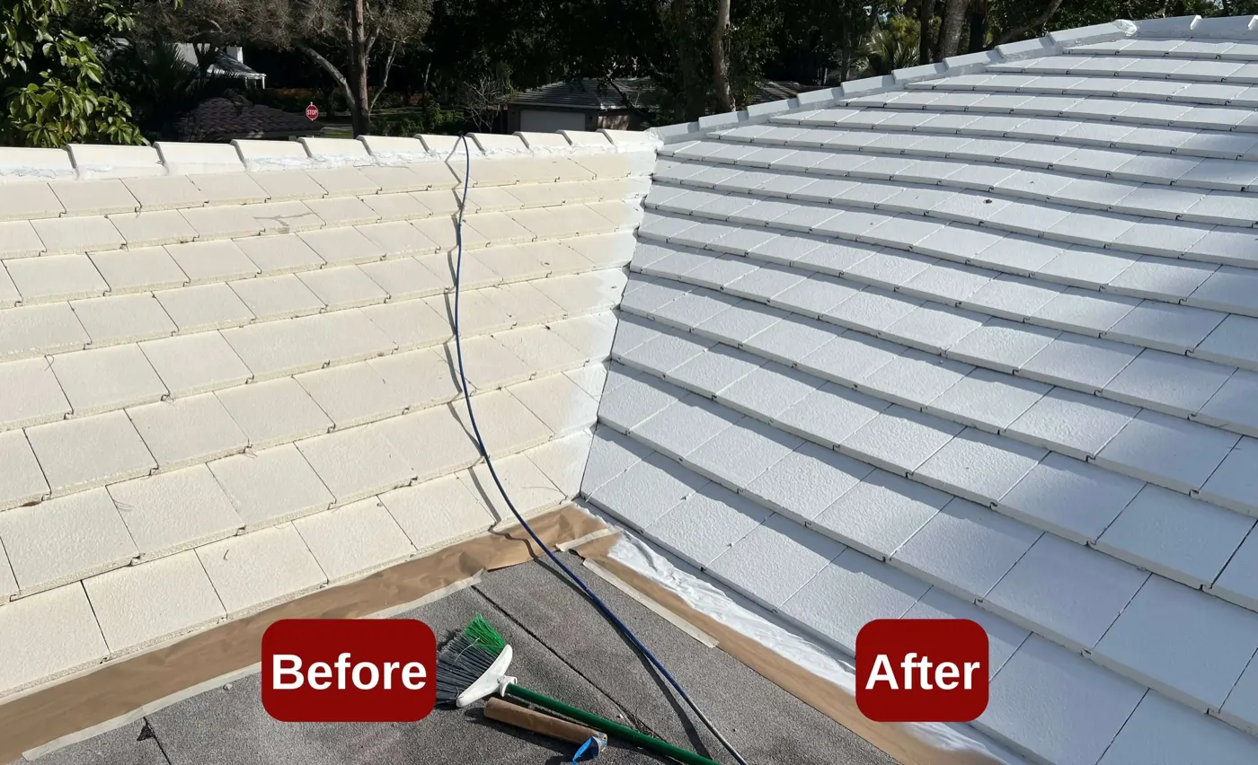 Before and after comparison of a tile roof, showing the coating applied on the right half